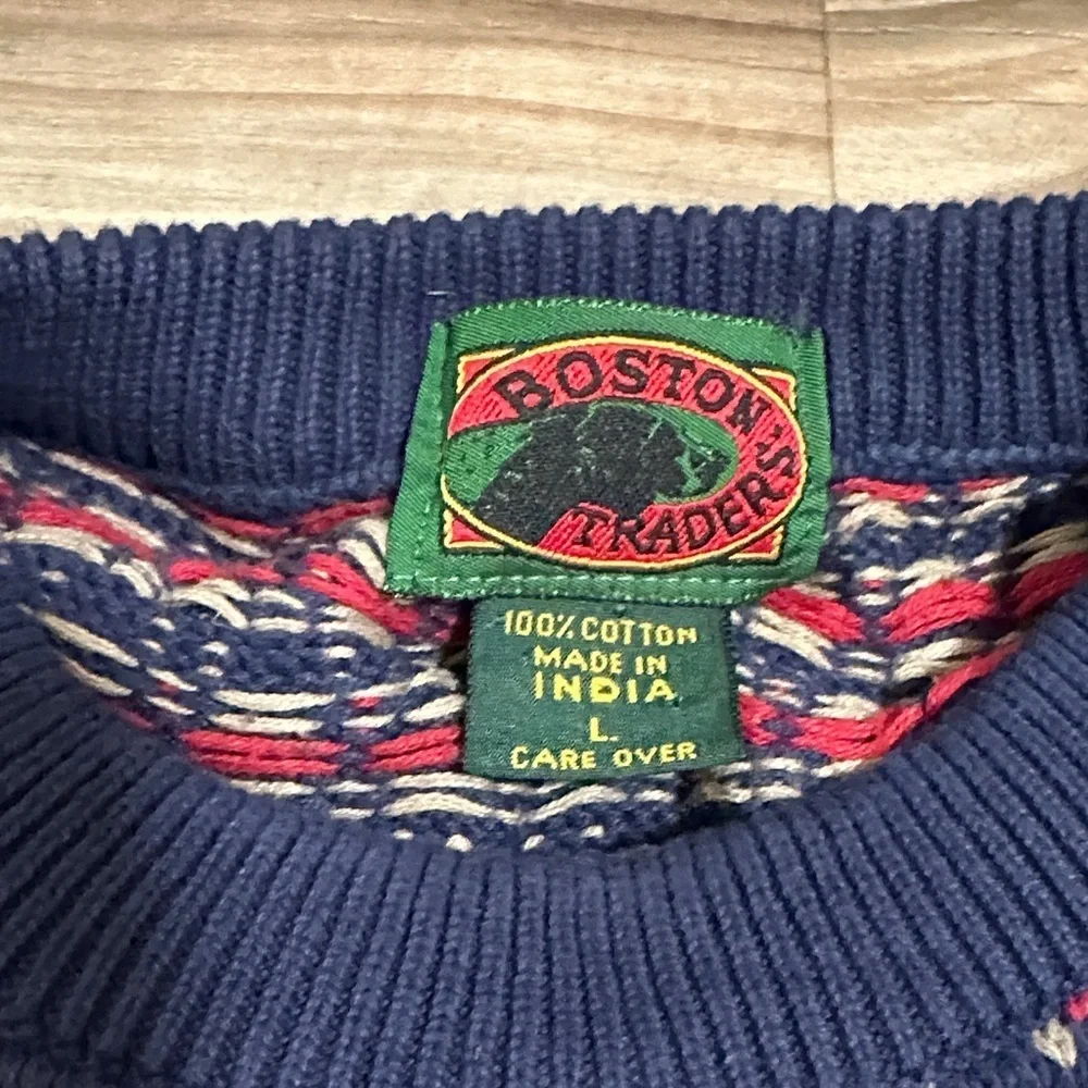 Vintage Cotton Traders Sweater Navy Red Pattern Crewneck Pullover Mens Large